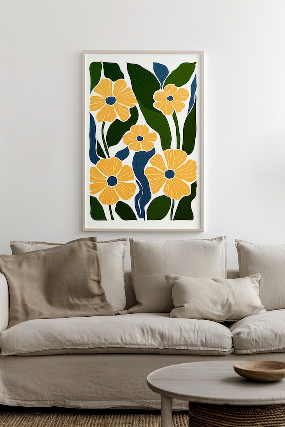 Golden Yellow Flowers Blue Centers Green Leaves Botanical Poster