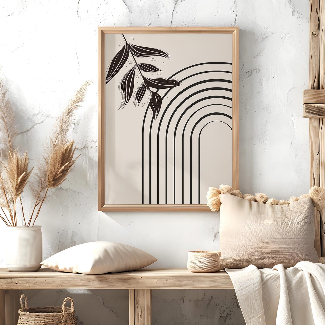 Boho Black Line Rainbow Arch Botanical Leaves Minimalist Art Print - Image 2