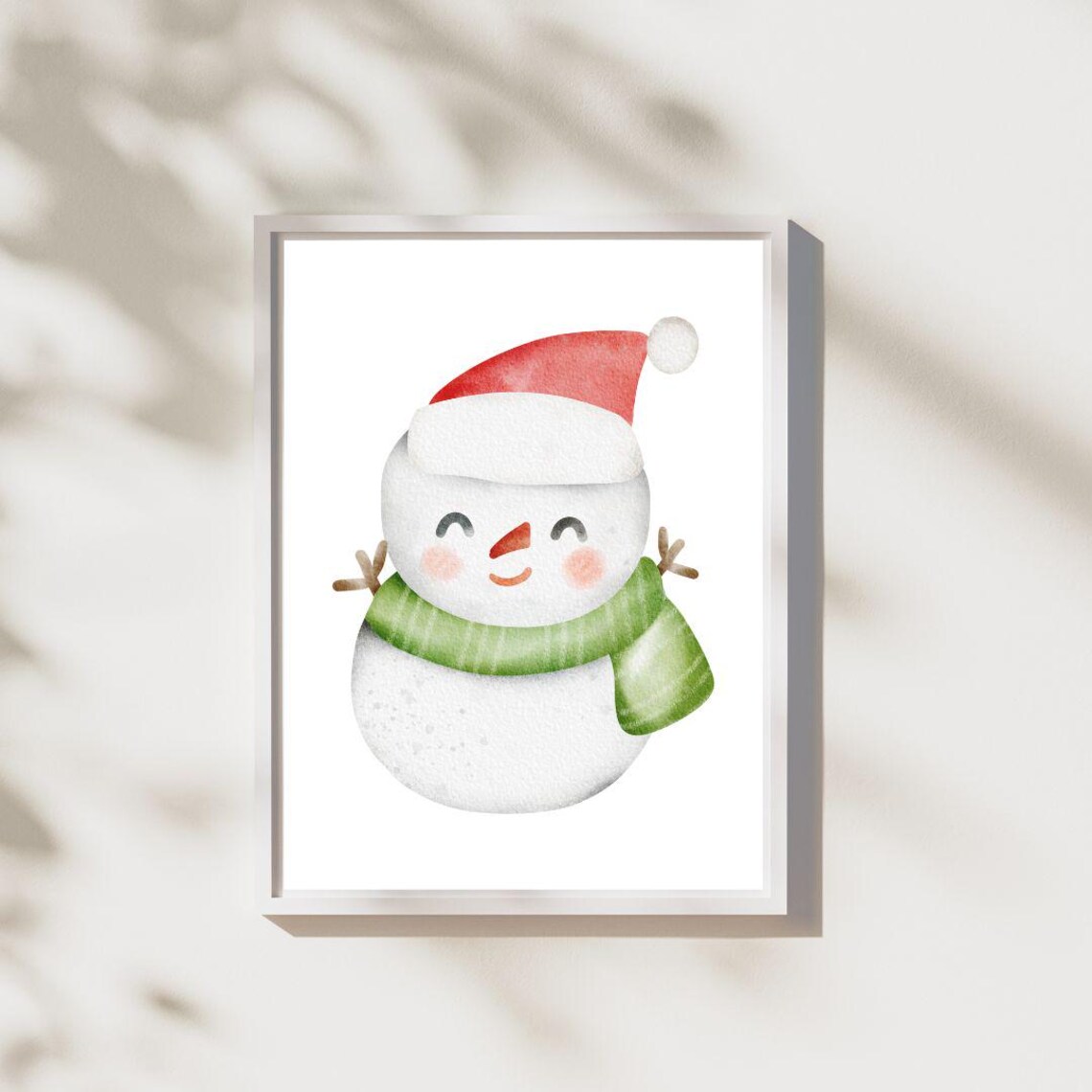Cute Watercolor Snowman In Santa Hat And Green Scarf Christmas Poster - Image 2