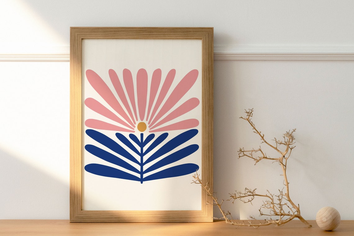 Pink Sunburst Bloom Navy Blue Leaves Matisse Style Art Poster