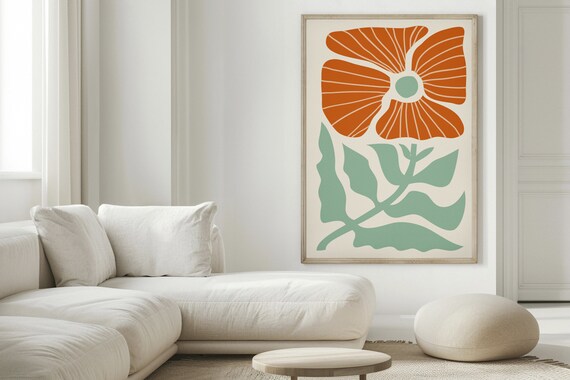 Orange Poppy Bloom Mint Green Leaves Modern Floral Botanical Poster