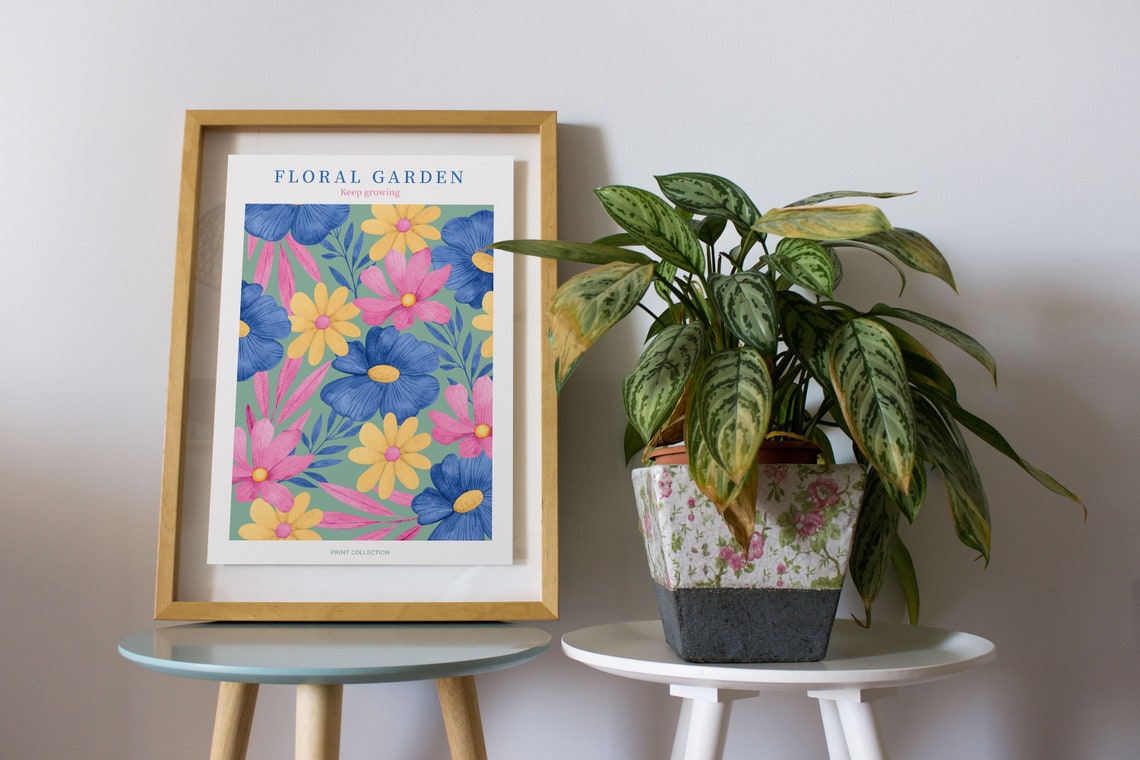 Floral Garden Keep Growing Blue Pink Yellow Blooms Botanical Poster - Image 2