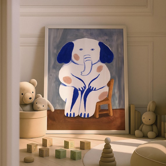 Whimsical Elephant On Chair Nursery Blue White Kids Room Decor Poster