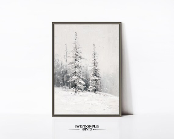 Monochrome Snowy Pines Poster Minimal White Winter Landscape Artwork