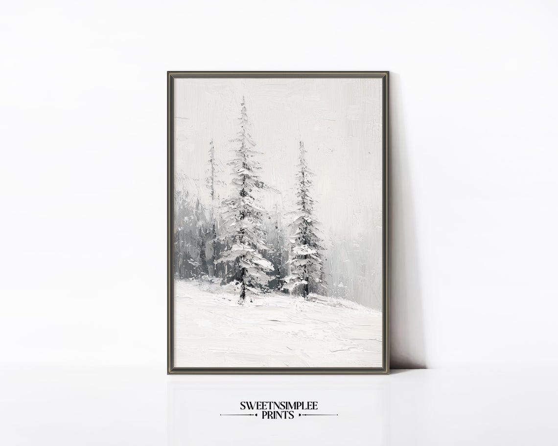 Monochrome Snowy Pines Poster Minimal White Winter Landscape Artwork