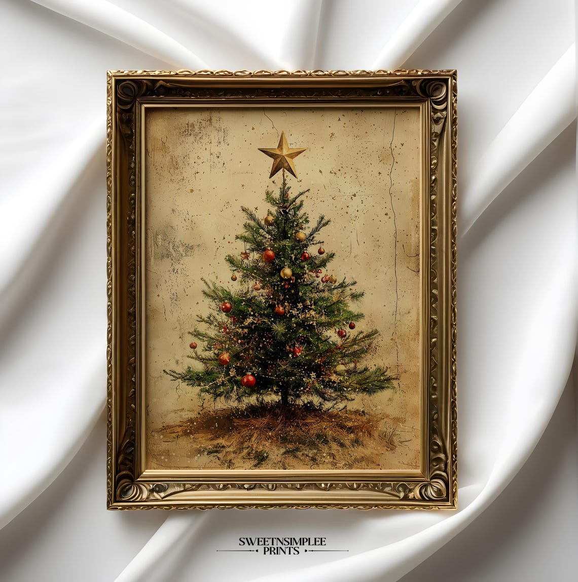 Vintage Christmas Tree With Gold Star Topper Rustic Holiday Poster