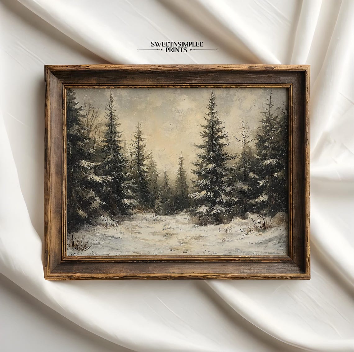 Golden-Toned Snowy Pine Forest Clearing Vintage Winter Poster - Image 2