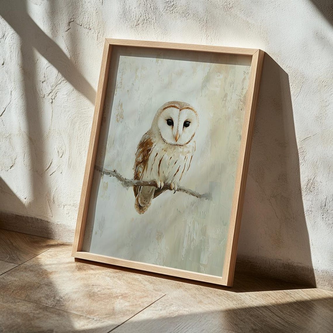 Barn Owl Perched on Branch Muted Beige Vintage Bird Painting Wall Art - Image 3