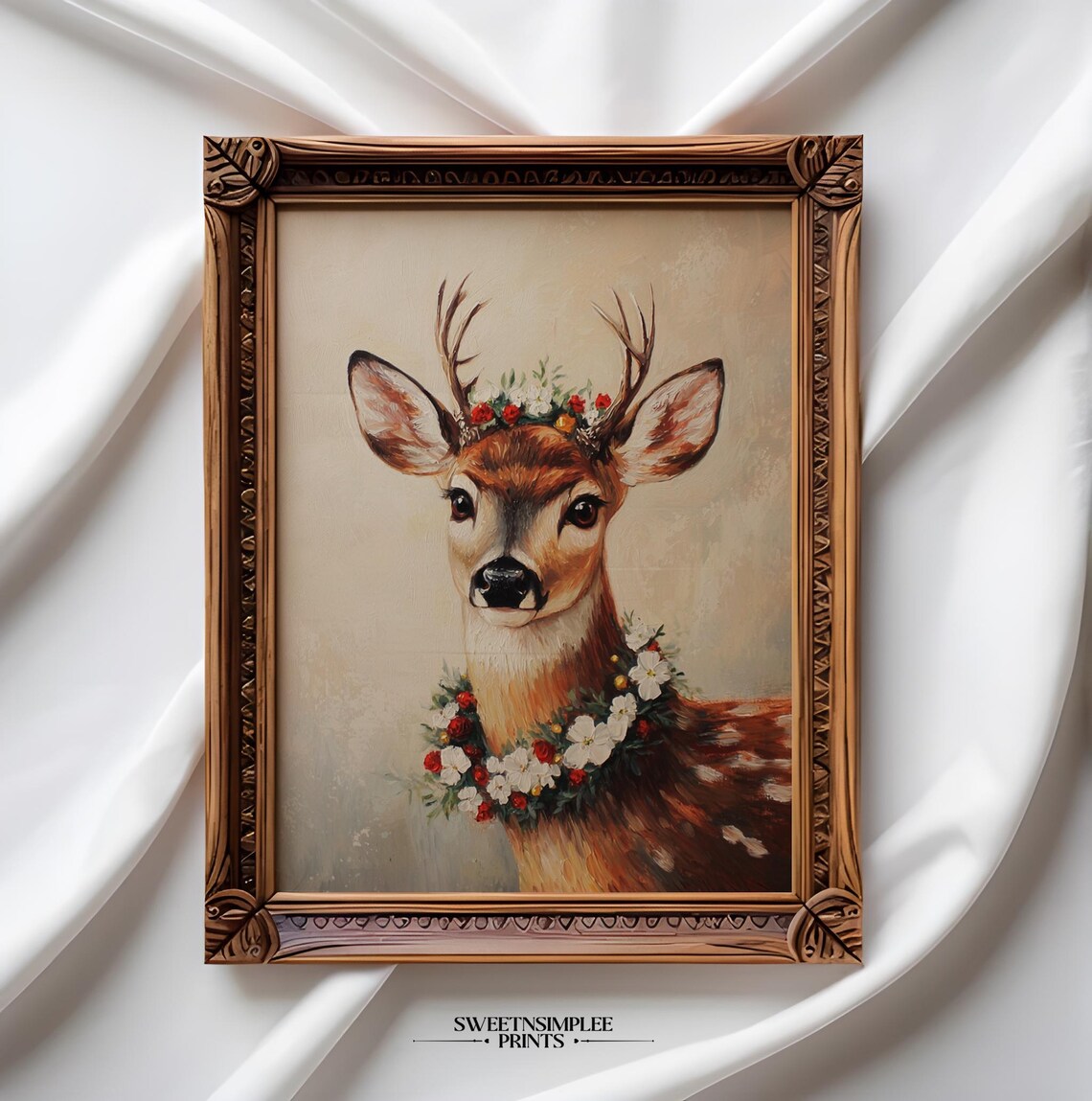 Deer with Floral Crown Poster Vintage Winter Woodland Animal Painting - Image 2
