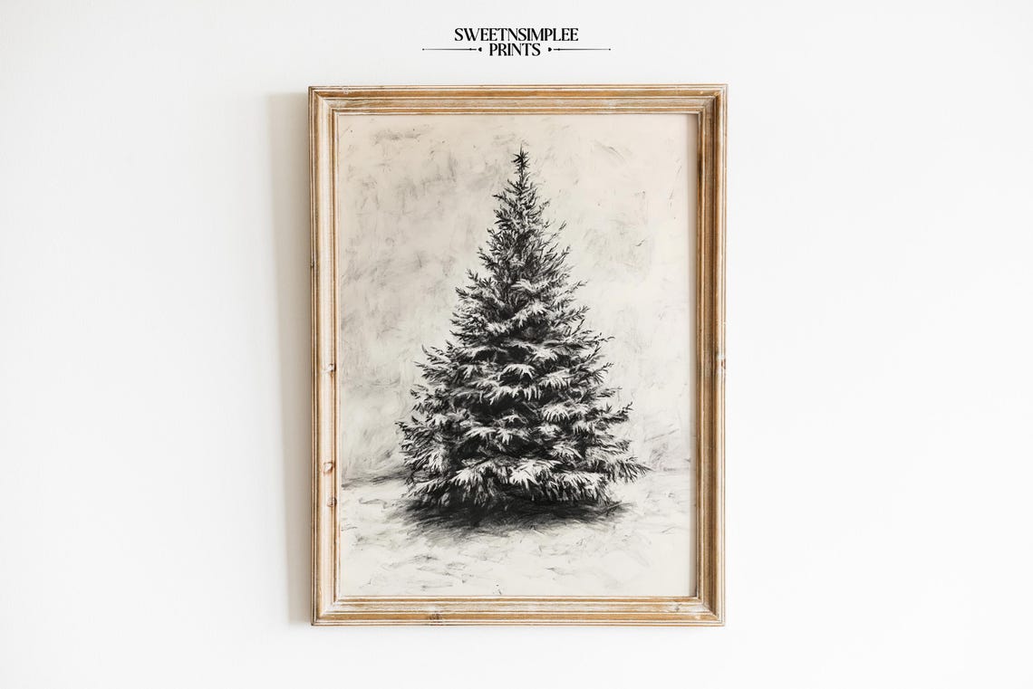 Vintage Evergreen Tree Charcoal Sketch Minimalist Winter Poster - Image 2