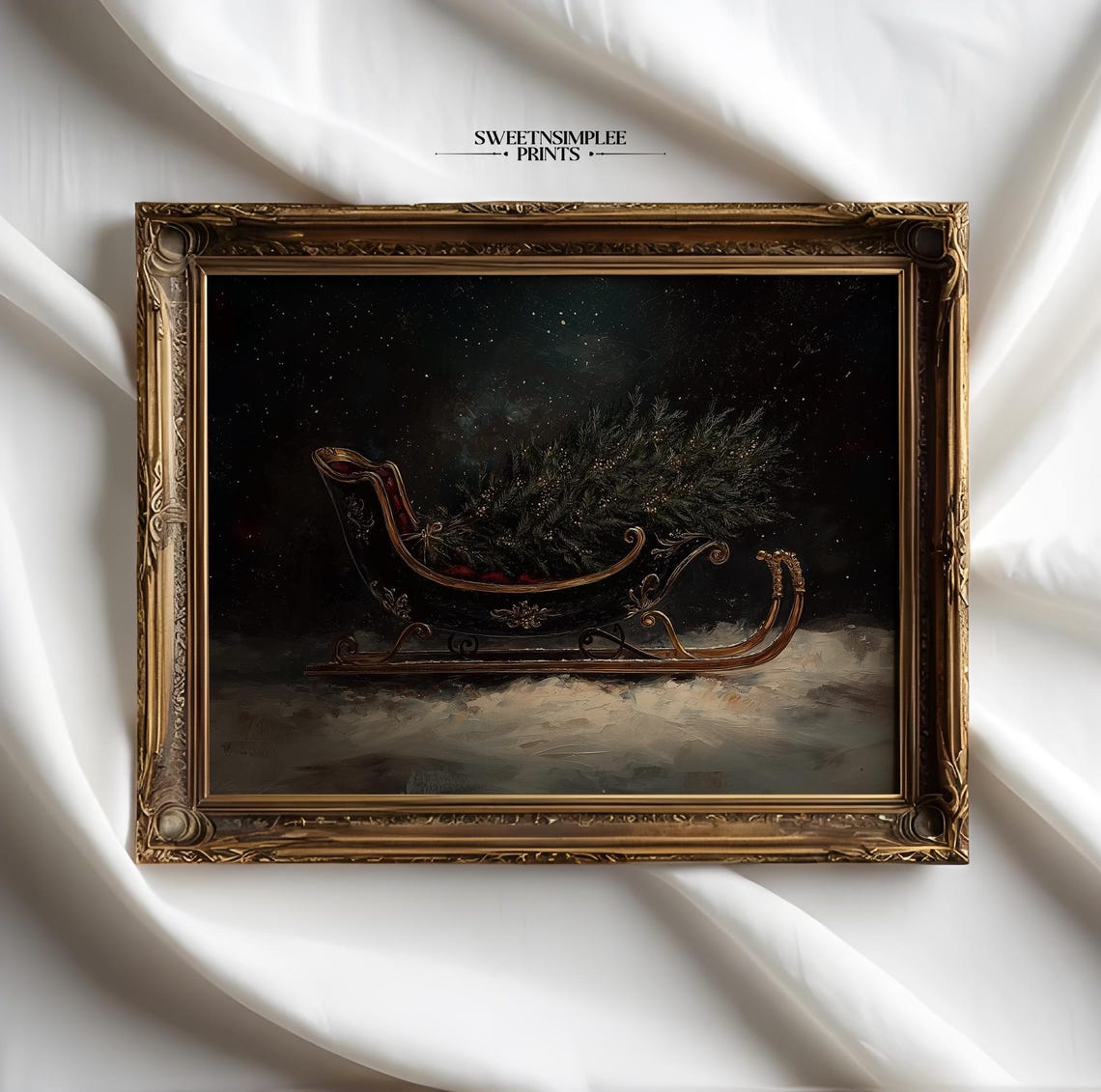 Moody Vintage Santa Sleigh Filled With Evergreens Christmas Poster