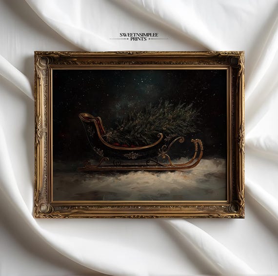 Moody Santas Sleigh Christmas Wall Art Vintage Sleigh Painting Dark Festive Holiday Winter Decor 545