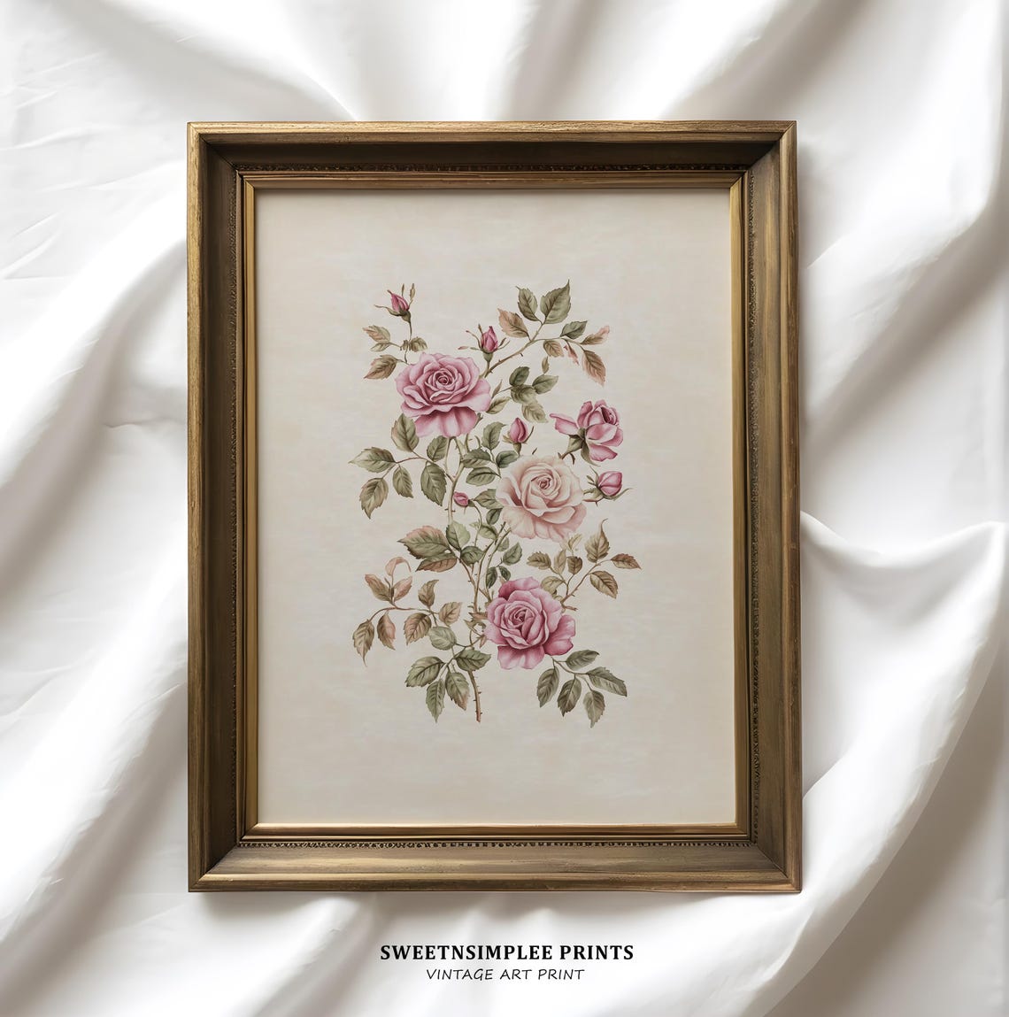 Vintage Pink Roses Botanical Study Cream Antique Floral Wall Art - Image 2