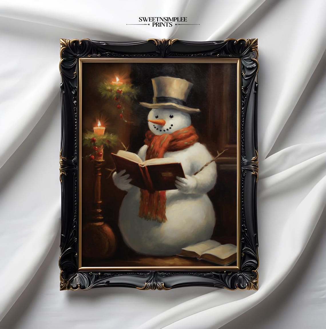 Vintage Snowman Reading Book by Candlelight Moody Christmas Poster - Image 2