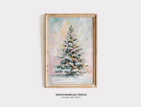 Pastel Pink Christmas Tree Poster Retro Colorful Holiday Painting