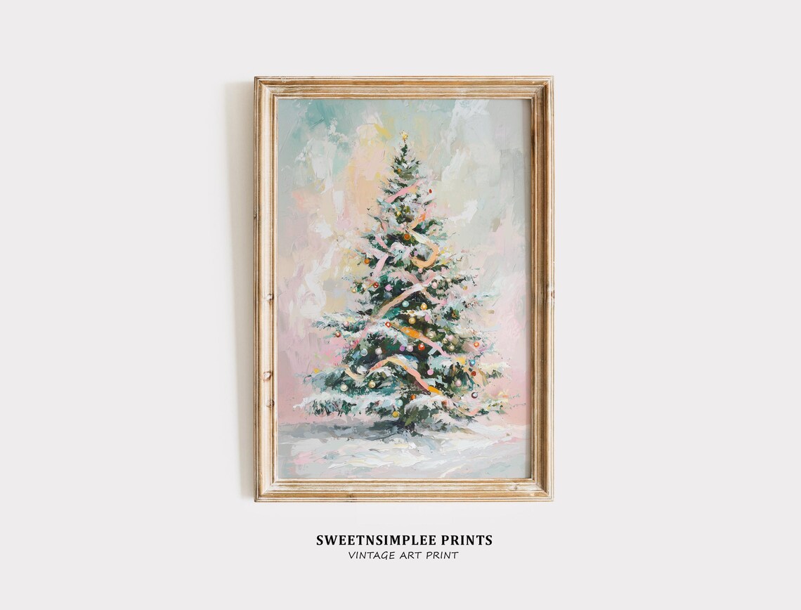 Pastel Pink Christmas Tree Poster Retro Colorful Holiday Painting
