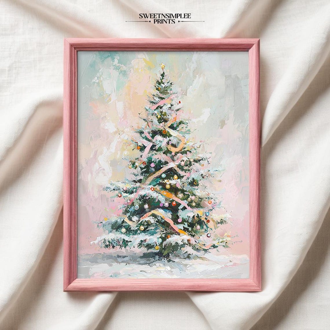 Pastel Pink Christmas Tree Poster Retro Colorful Holiday Painting - Image 2