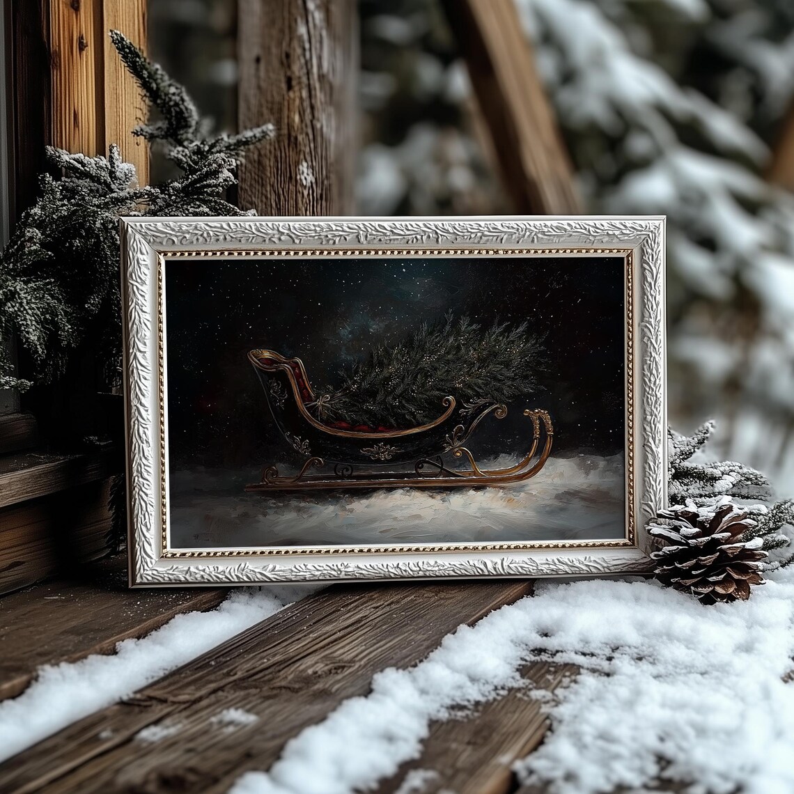 Moody Vintage Santa Sleigh Filled With Evergreens Christmas Poster - Image 3
