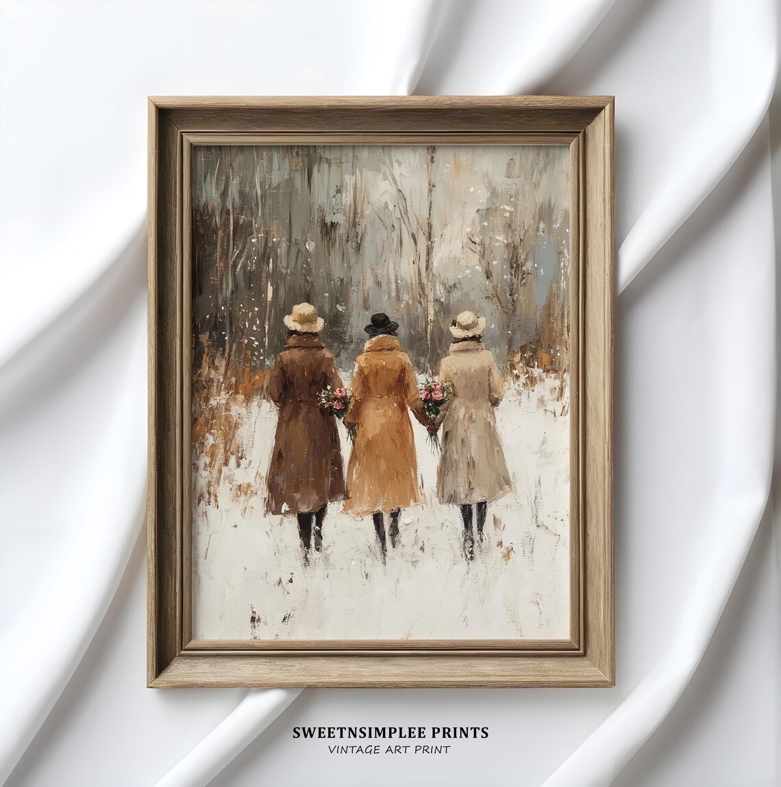 Three Sisters Walking in Snow Winter Sisters Painting Vintage Wall Art - Image 2