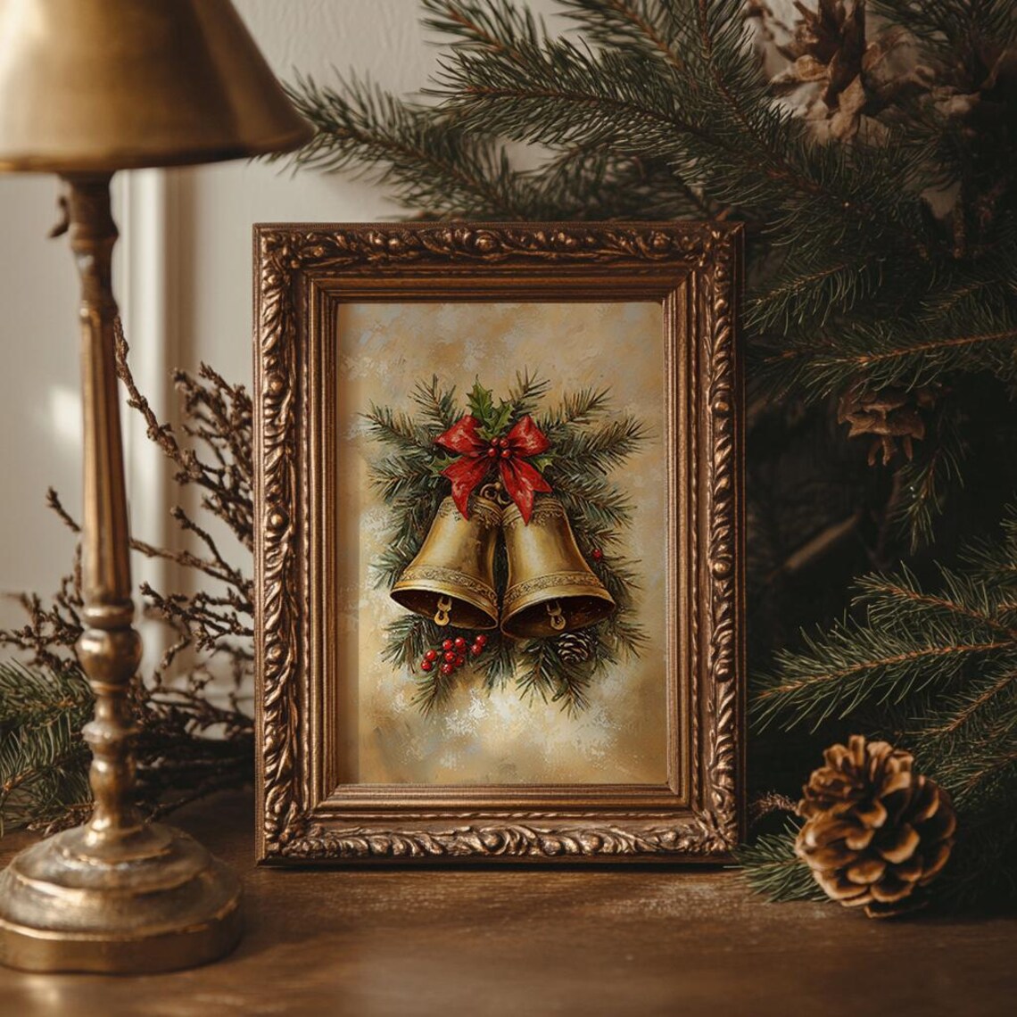 Golden Christmas Bells With Red Bow And Holly Vintage Holiday Poster - Image 3