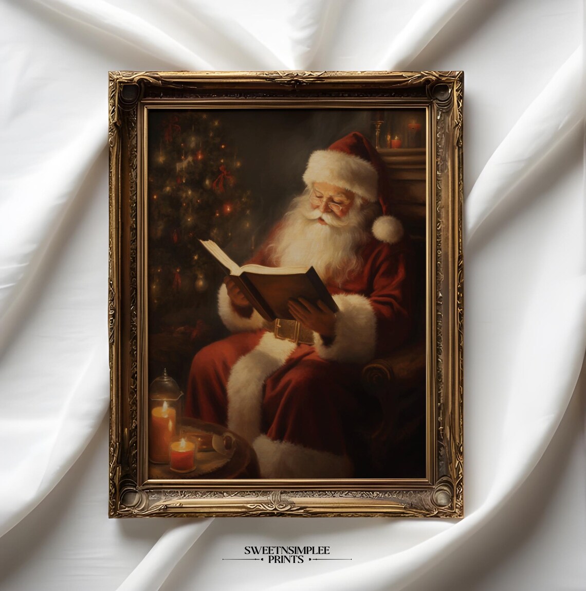 Vintage Santa Claus Reading Book by Fireplace Christmas Poster - Image 2