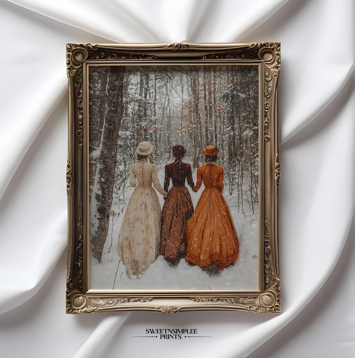 Victorian Women Walking in Snowy Forest Little Women Style Poster - Image 2