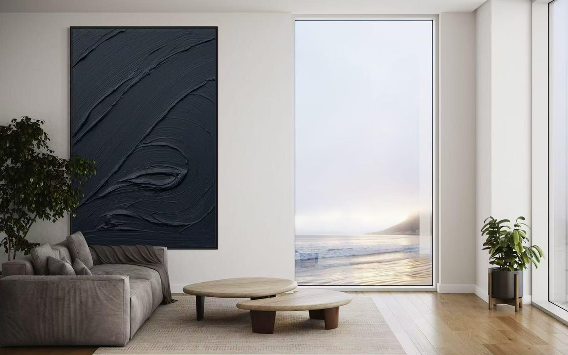 All Black Swirling Impasto Ridges Dramatic Darkness Abstract Poster - Image 2