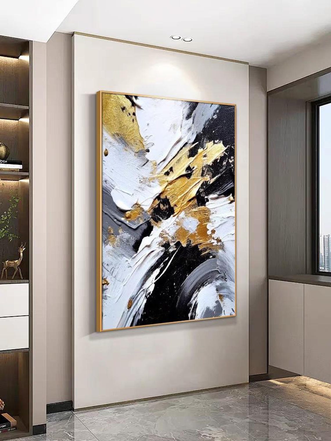 Gold Black White Abstract With Gold Leaf Textured Art Poster - Image 2