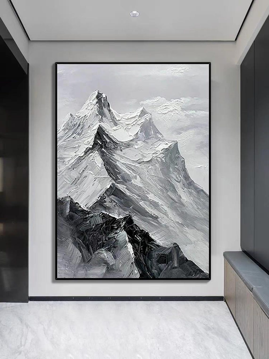 Black White Snowy Mountain Peaks Textured Modern Winter Art Poster - Image 3