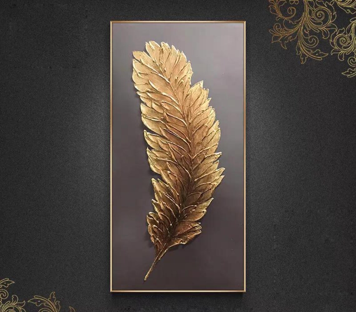 Gold Feather on Black Background Vertical Art Print - Image 3