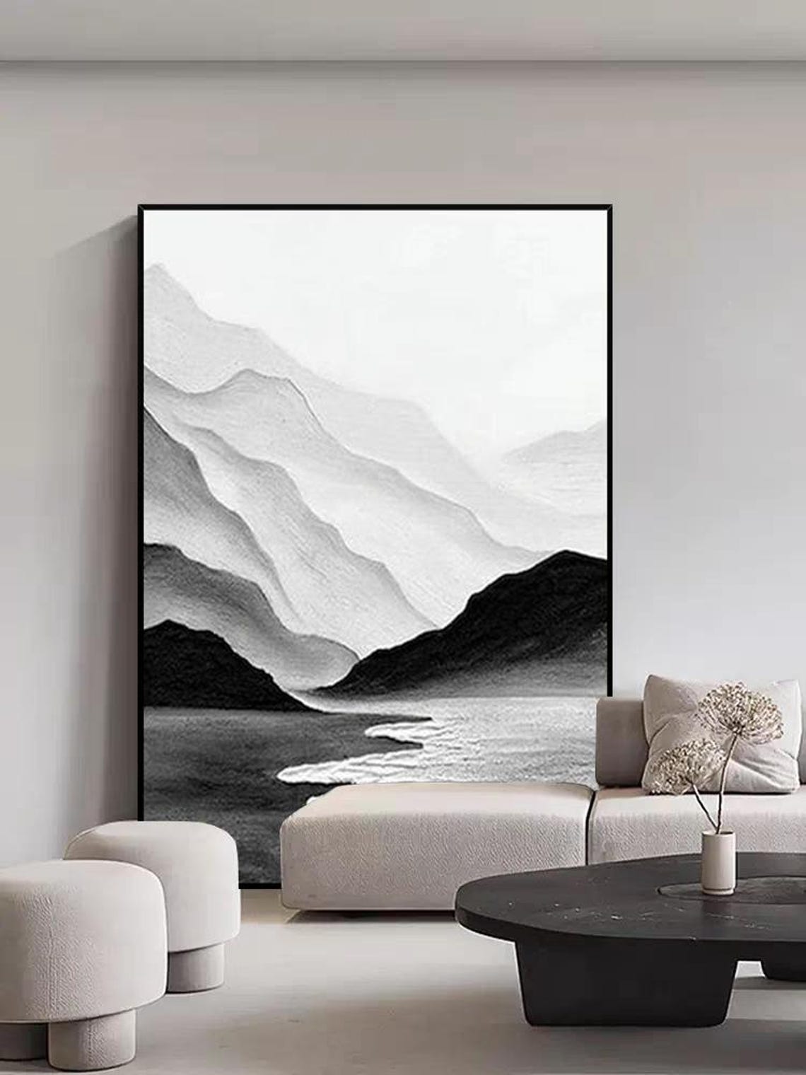 Layered Mountain Ridges Above Calm Lake Monochrome Landscape Poster - Image 2