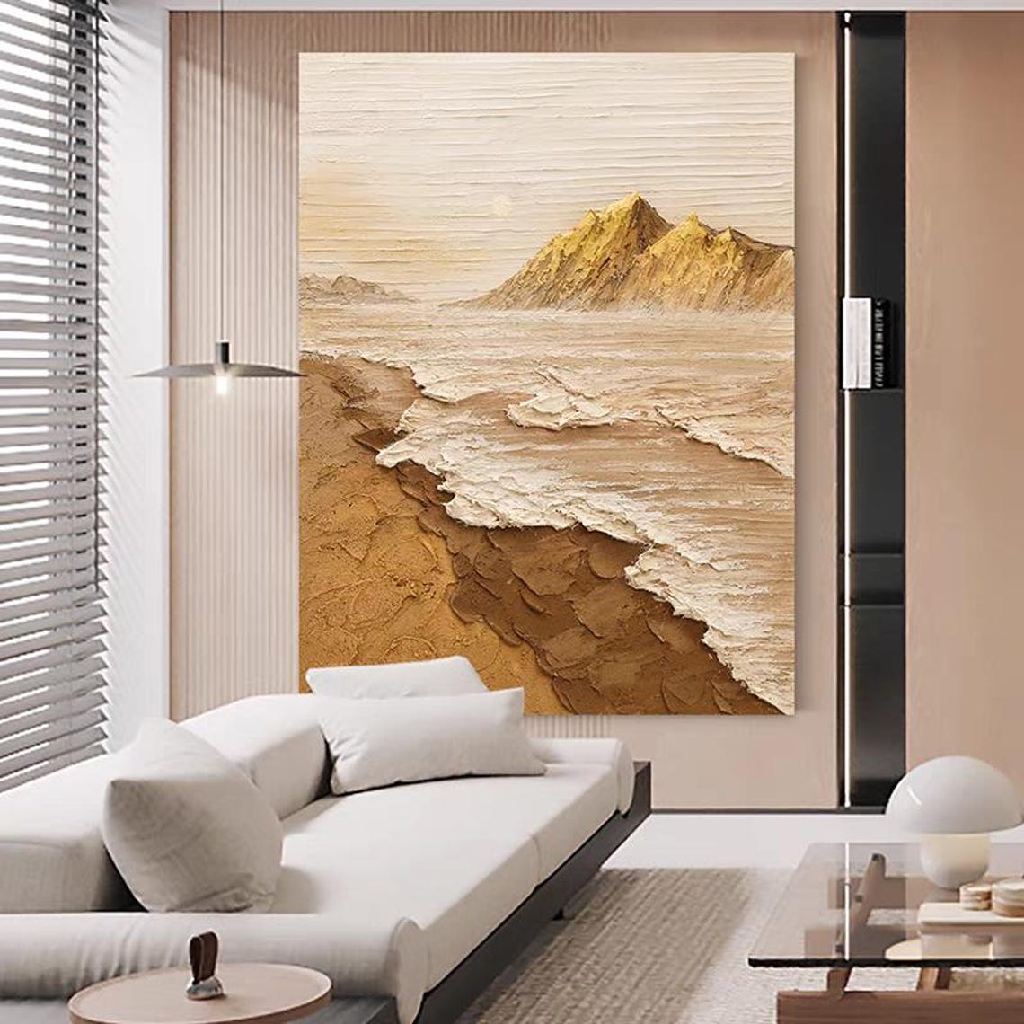 Tan Seaside Landscape with Golden Mountains Thick Texture Beach Poster - Image 3