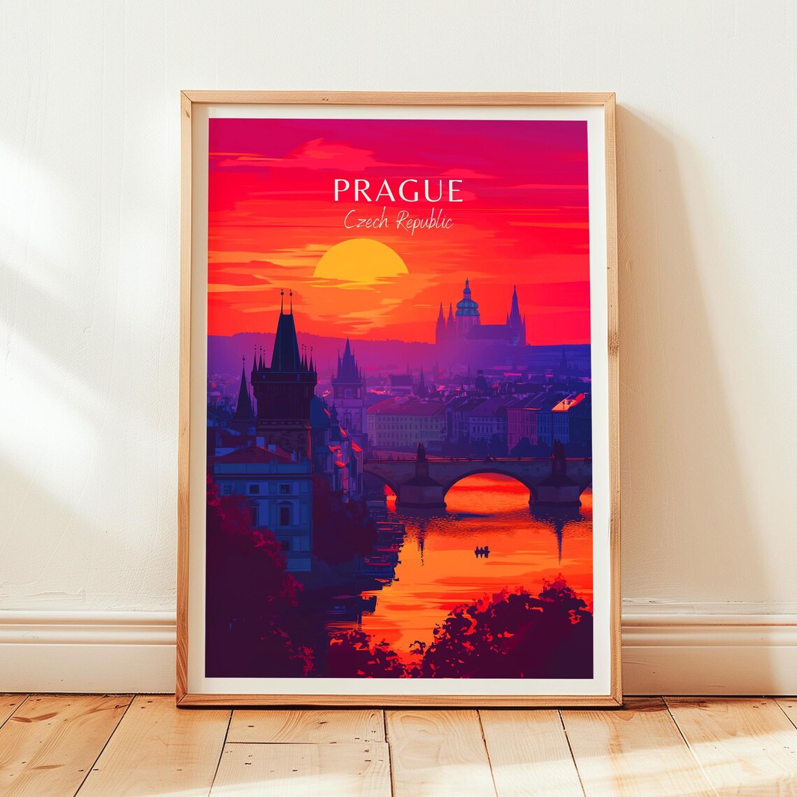 Prague Czech Republic Charles Bridge Sunset Vintage Travel Poster