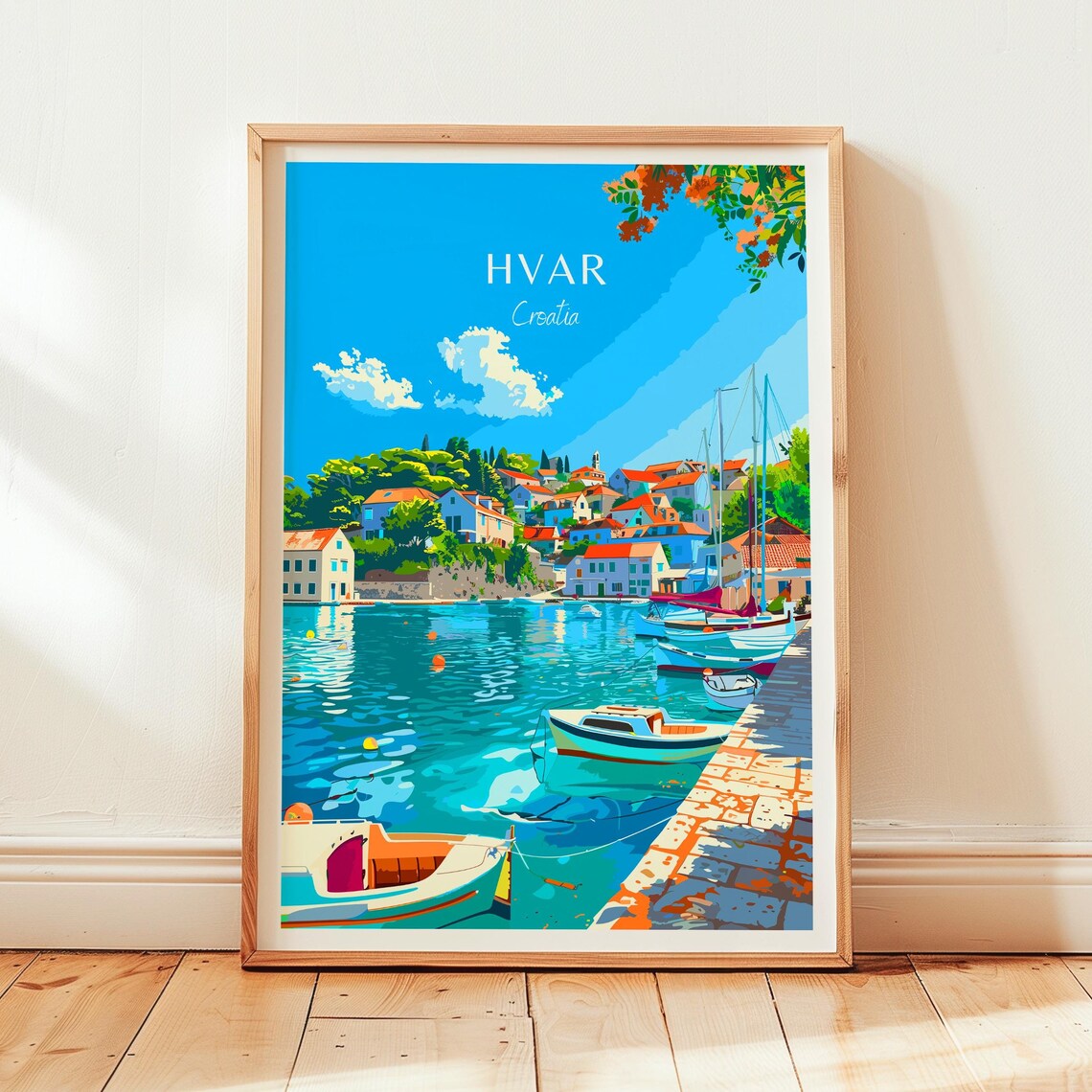 Hvar Croatia Harbor Sailboats Seaside Town Vintage Travel Poster