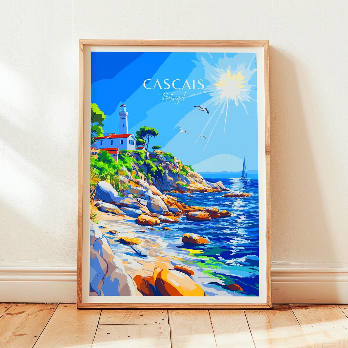 Cascais Portugal Lighthouse Rocky Shoreline Sailboat Sea Poster