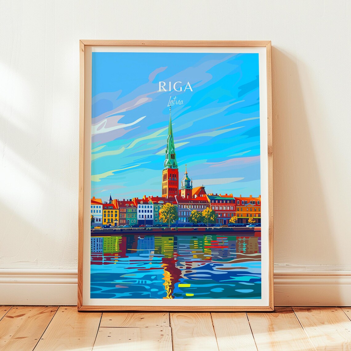 Riga Latvia Old Town Spire Waterfront Reflections Travel Poster
