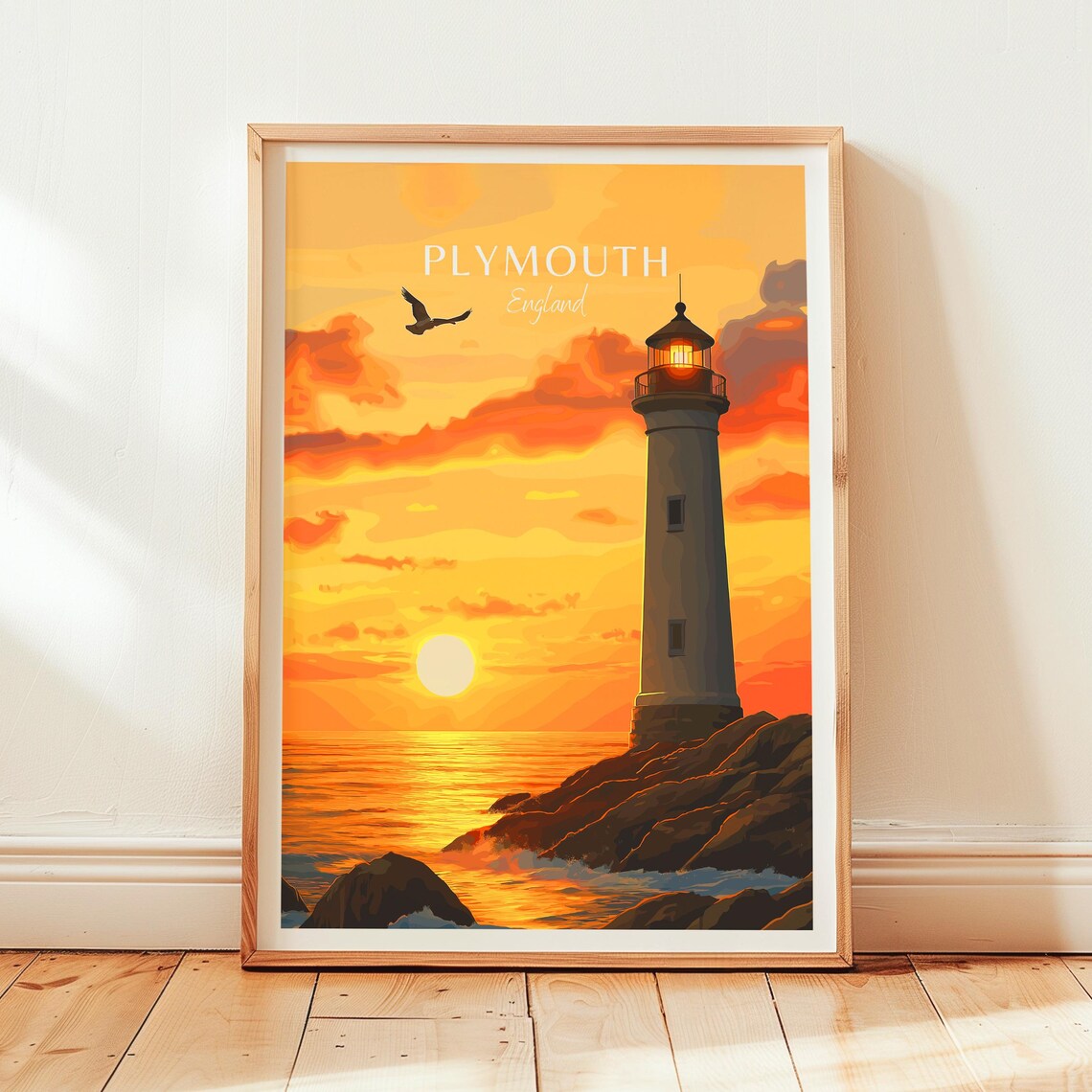 Plymouth England Lighthouse at Sunset Over Ocean Waves Poster