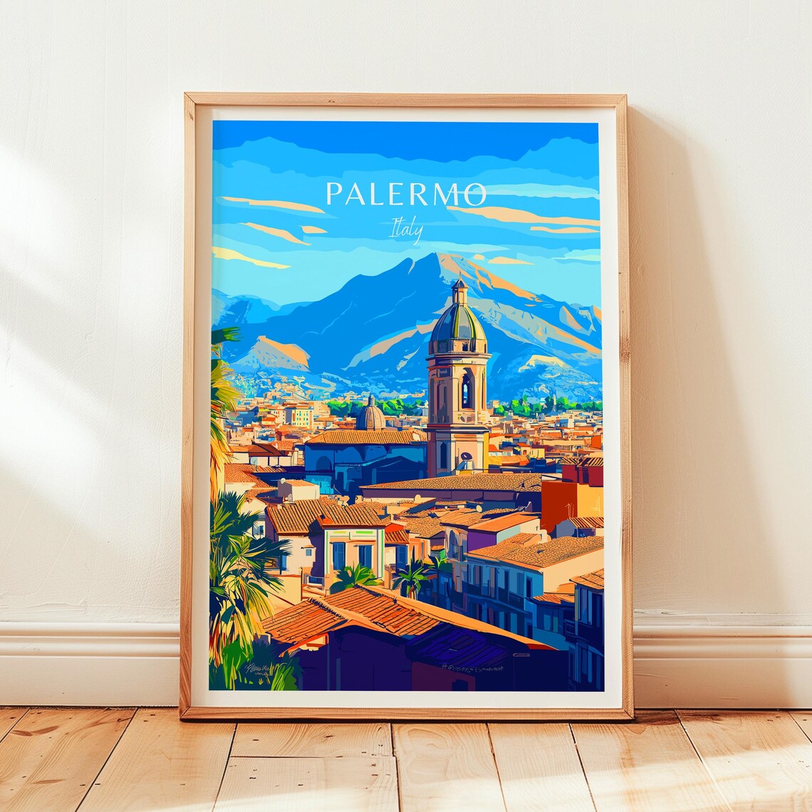 Palermo Italy City Skyline Church Dome Mountain Backdrop Poster