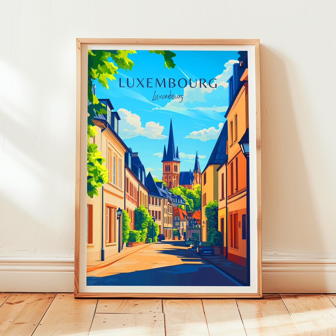 Luxembourg City Old Street Church Spires Vintage Travel Poster