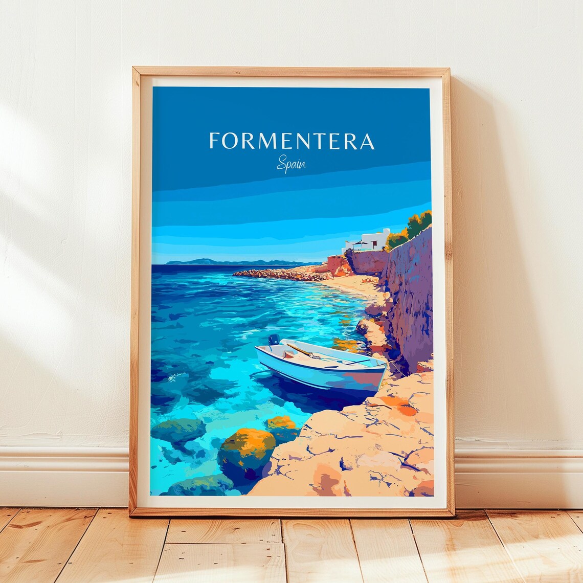 Formentera Spain Fishing Boat Clear Blue Bay Vintage Travel Poster