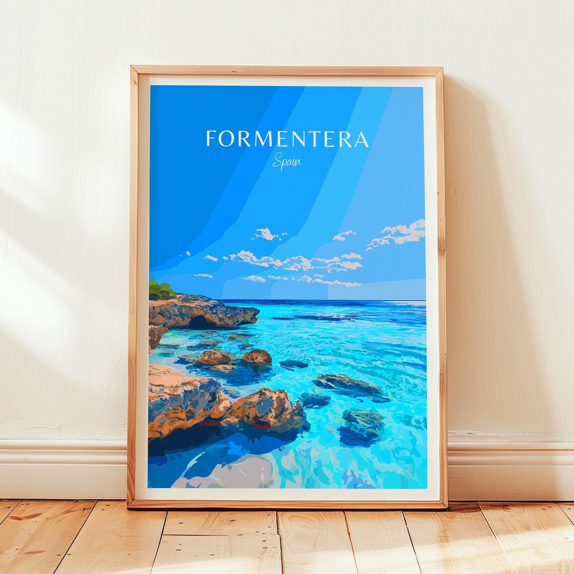 Formentera Spain Turquoise Cove Rocky Coast Vintage Travel Poster