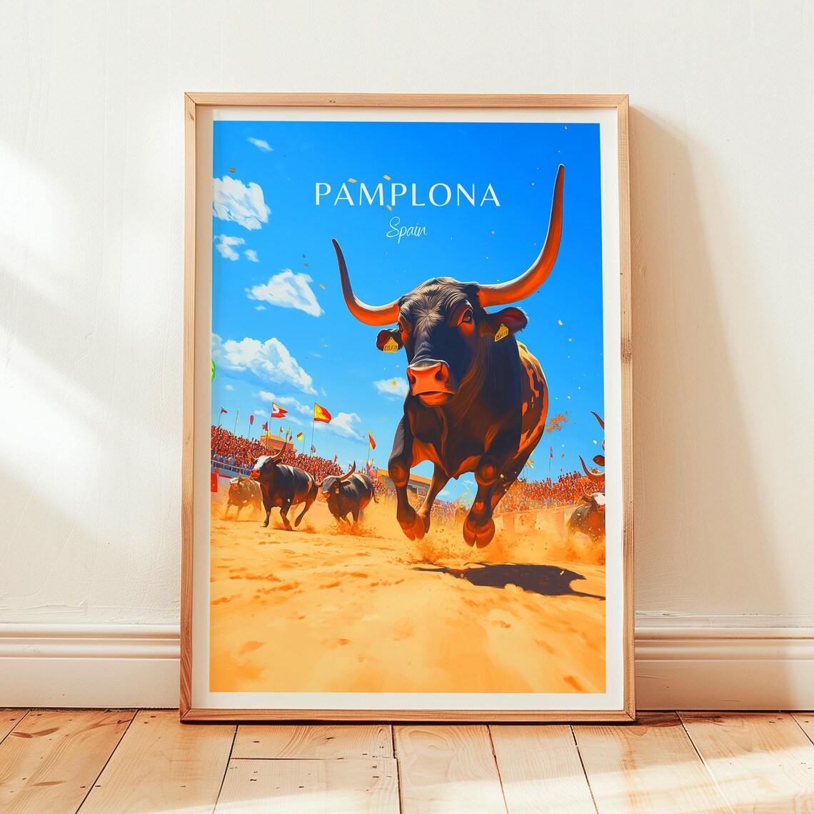 Pamplona Spain Charging Bull Running Festival Arena View Poster