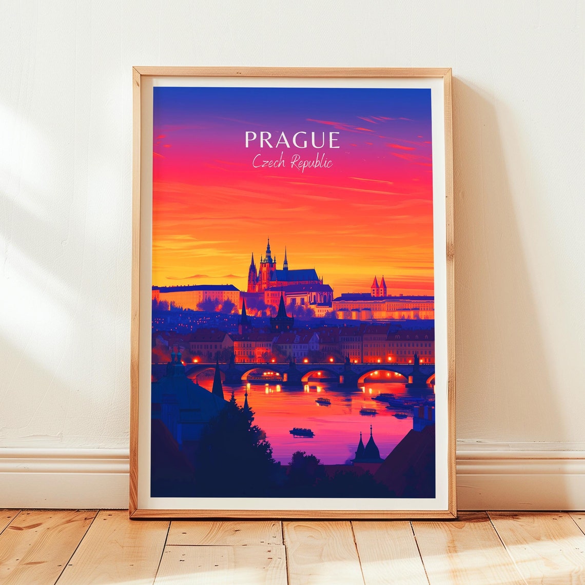 Prague Czech Republic Sunset Over Castle River Bridge Poster