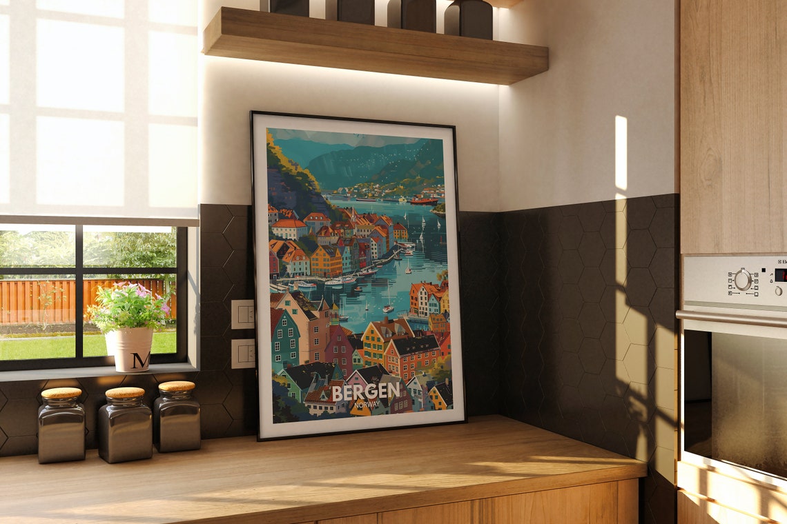 Bergen Travel Print Norway Bergen Travel Poster Norway Travel Poster Norway Cityscape Wall Art Unique City Decor - Image 2