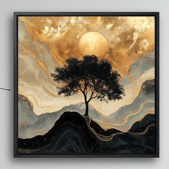 Surreal Tree Luxury Framed Print Mystical Celestial Landscape Wall Art Black Gold Painting Print Nature Decor Ready To Hang