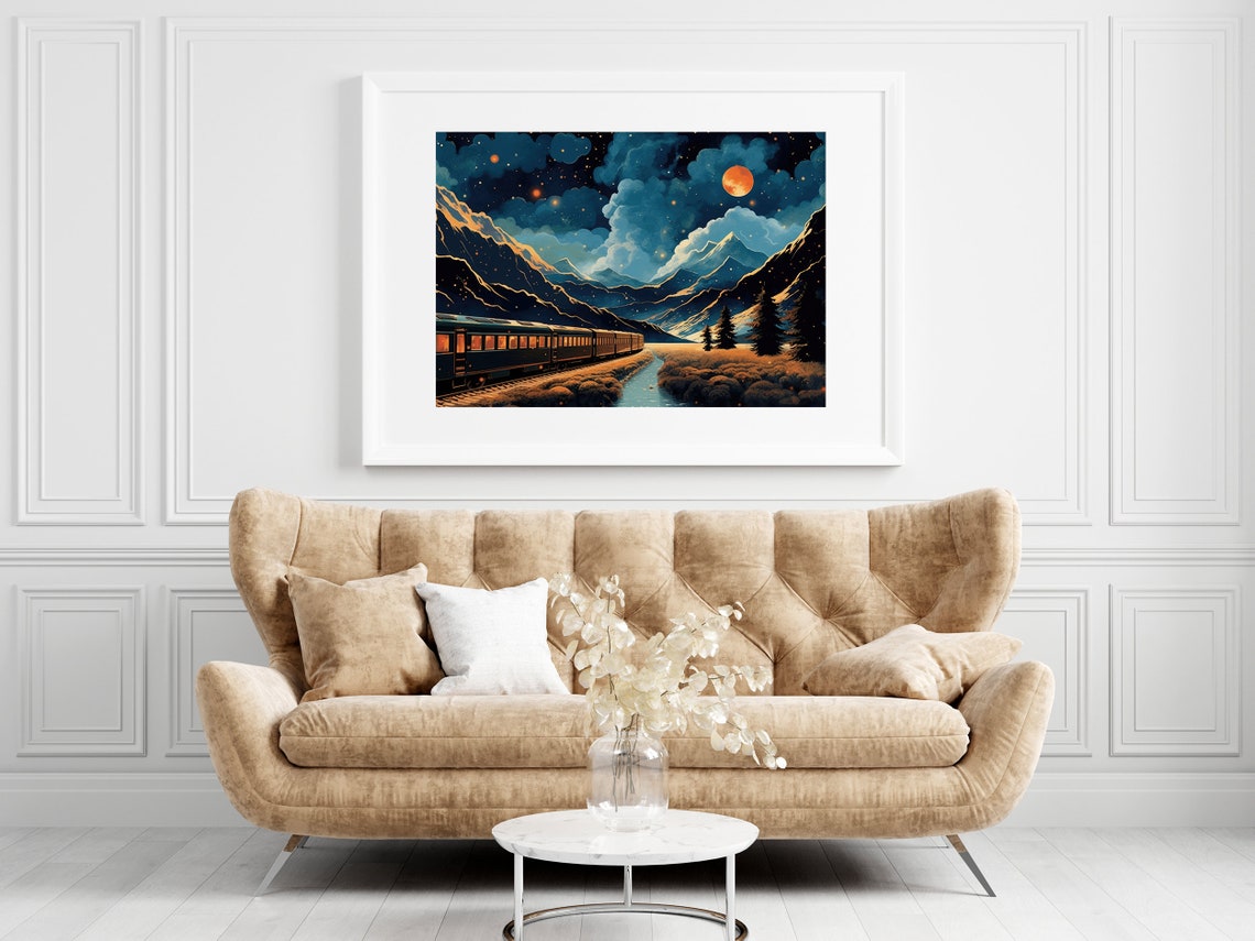 Glowing Night Train Journey Through Moonlit Mountains Pop Art Poster - Image 4