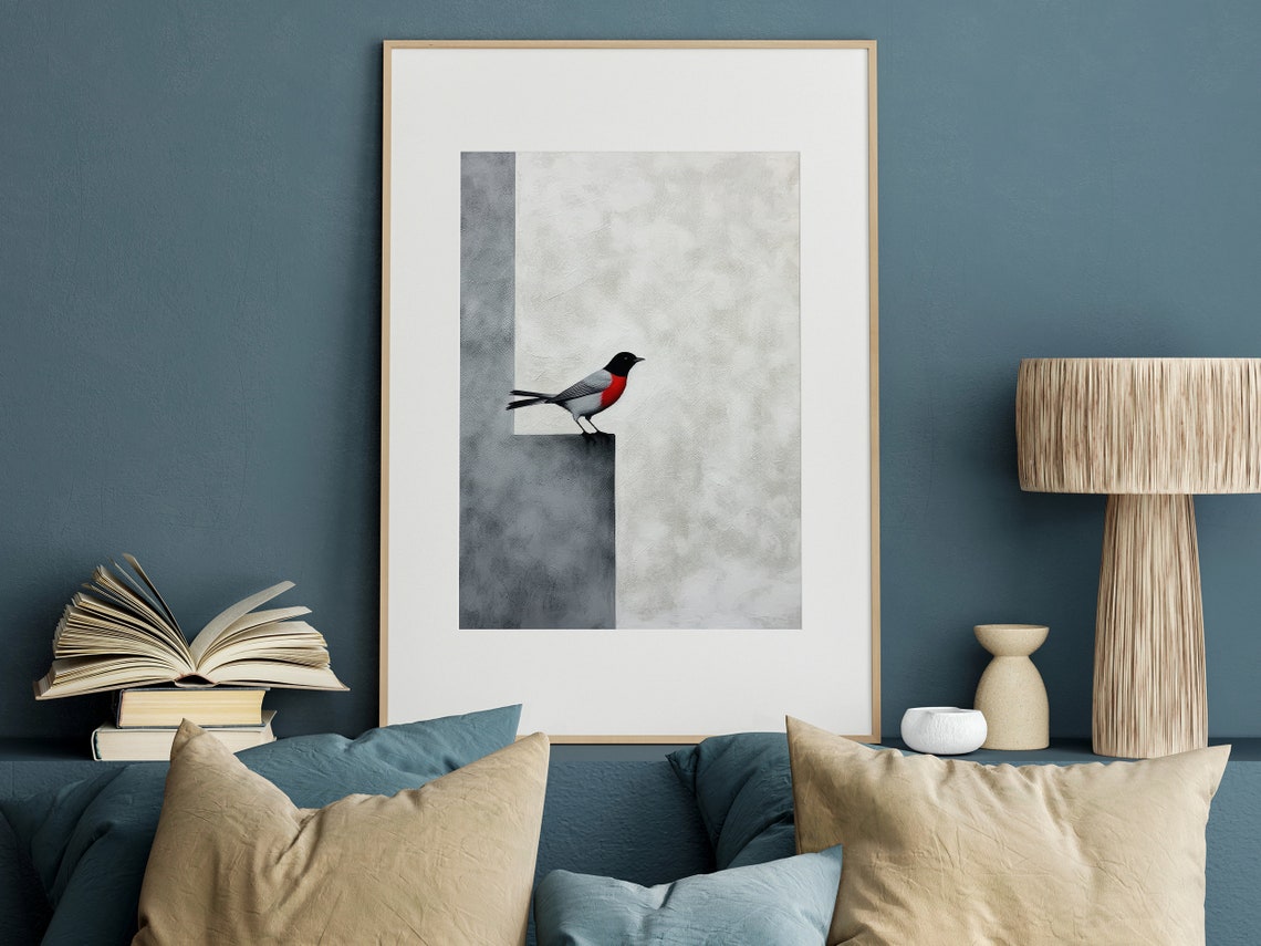 Minimalist Red-Breasted Songbird on Grey Geometric Block Poster - Image 2