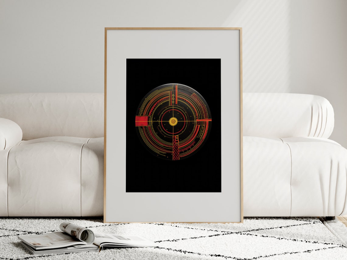 Vibrant Abstract Geometric Artwork Energetic Red Yellow Circle On Black Backdrop Modern Wall Decor Print - Image 4