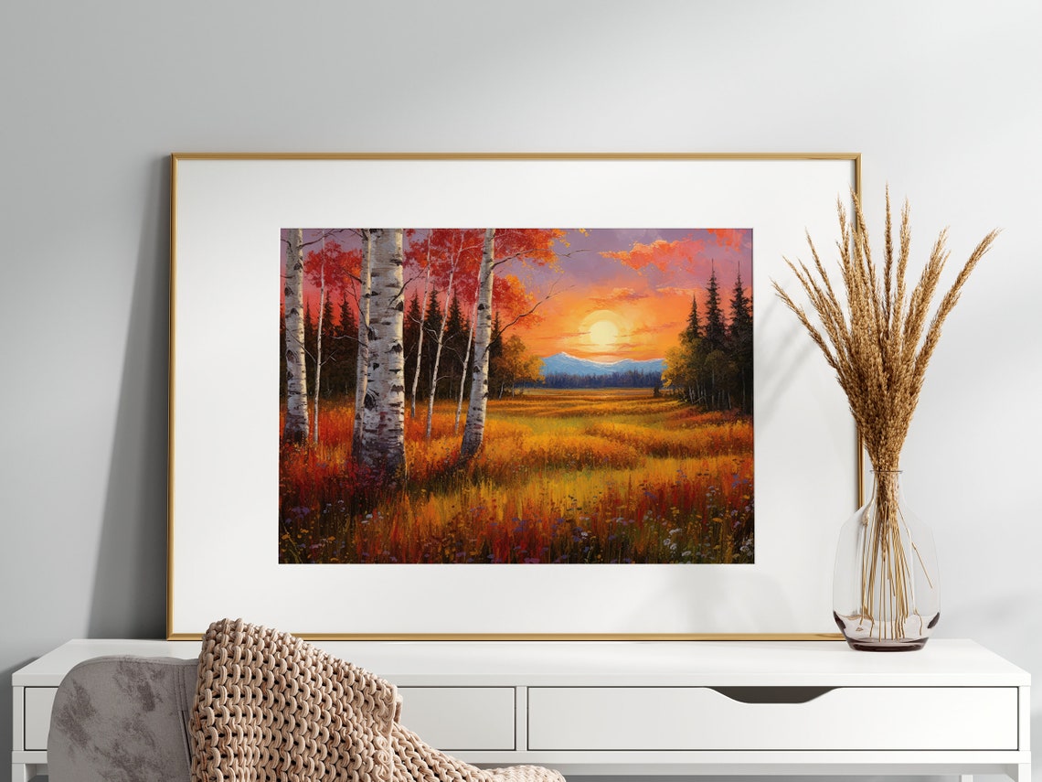 Fiery Autumn Birch Trees at Sunset Over Golden Meadow Poster - Image 2