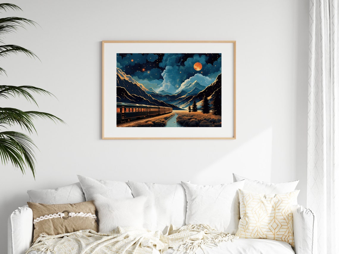 Glowing Night Train Journey Through Moonlit Mountains Pop Art Poster - Image 2